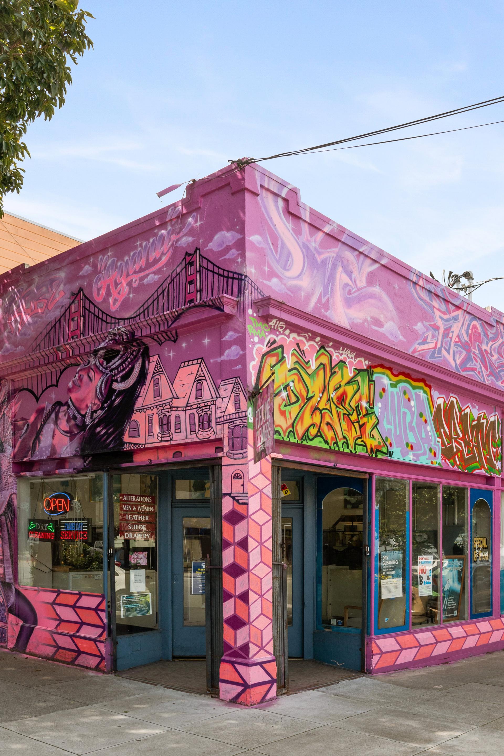 corner entrance of pink building